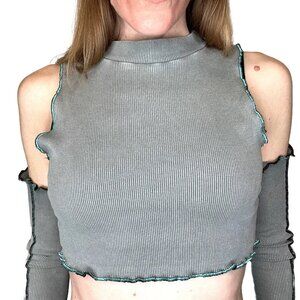 Womens Festival Cropped Top Size Small Gray Blue Ribbed Army Grunge Handmade S
